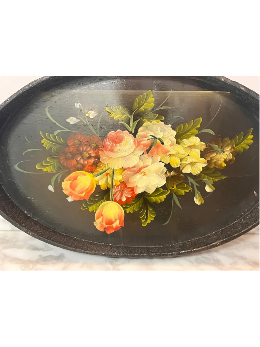 Vintage Hand Painted Wooden Floral Serving Tray Oval Black Toleware Style